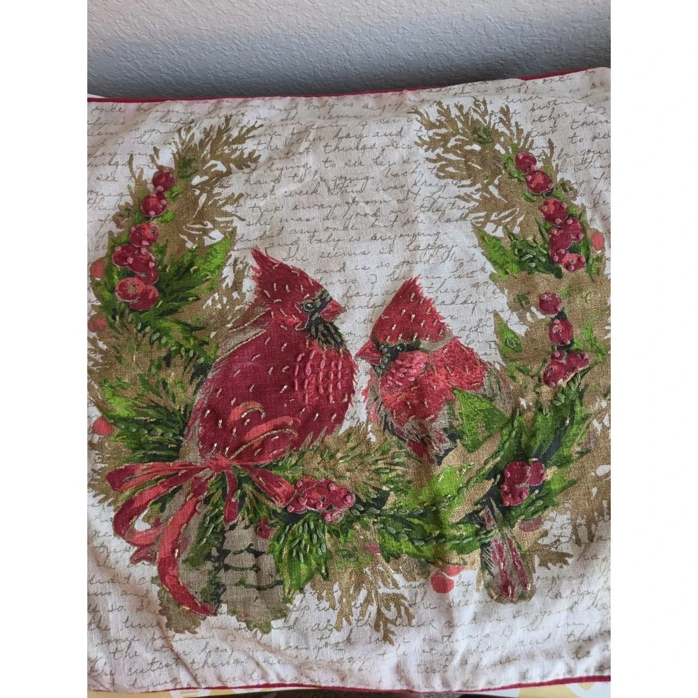 Christmas Birds Pillow Cover Beige Red Cardina Beaded Linen Blend 19x19